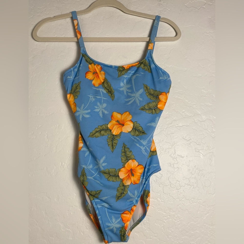 Leilani Vintage One Piece Swimsuit Womens Sz 8 Blue Orange Hibiscus Vocation